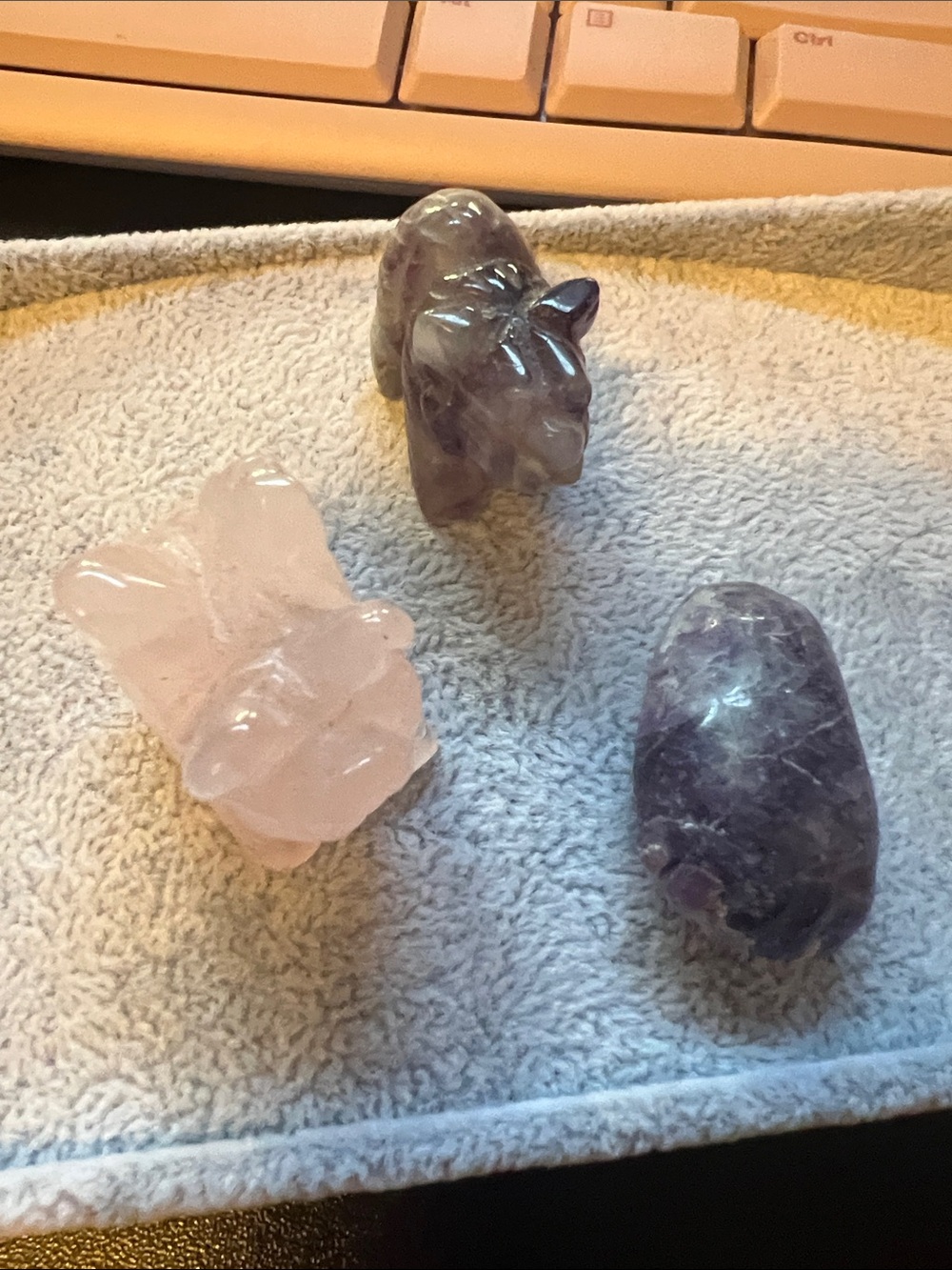 Hand-Carved Rose Quartz and Amethyst Crystal Animal Figurines - Purple & Pink